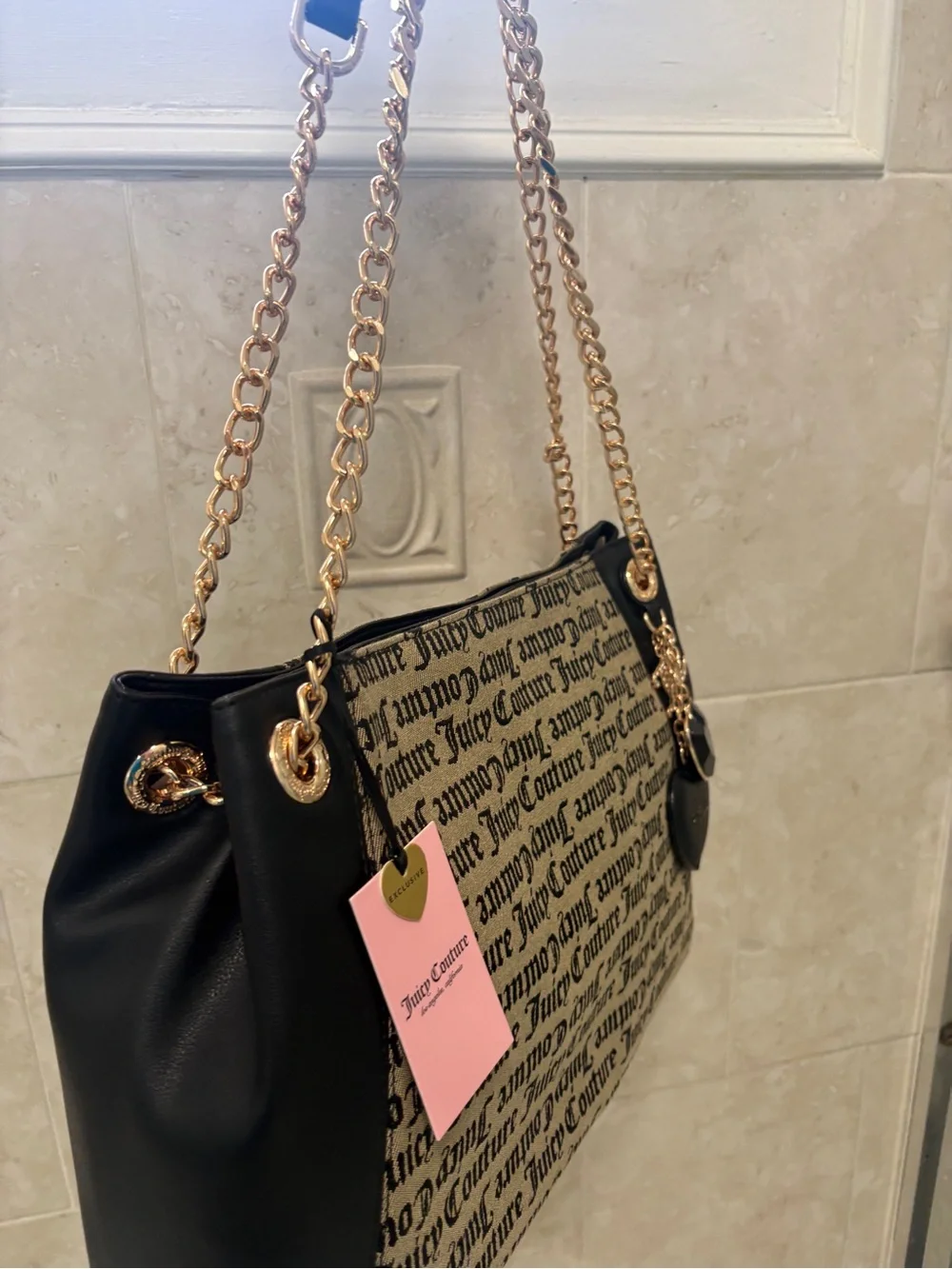 Juicy Couture Black & Beige Logo Shoulder Bag with Gold Chain Straps